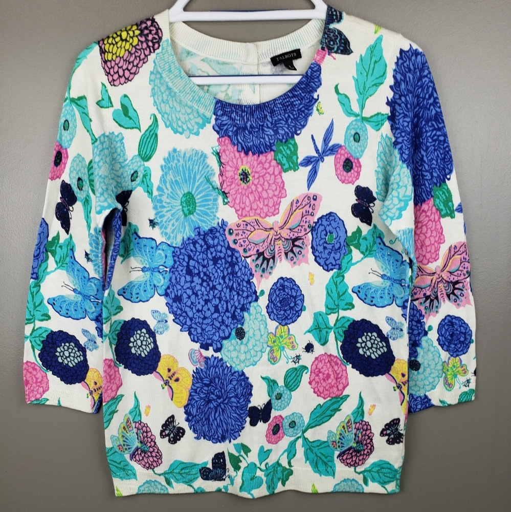 Talbots Womens Floral Sweater Size Small Cotton Rayon 2014 3/4 Sleeve